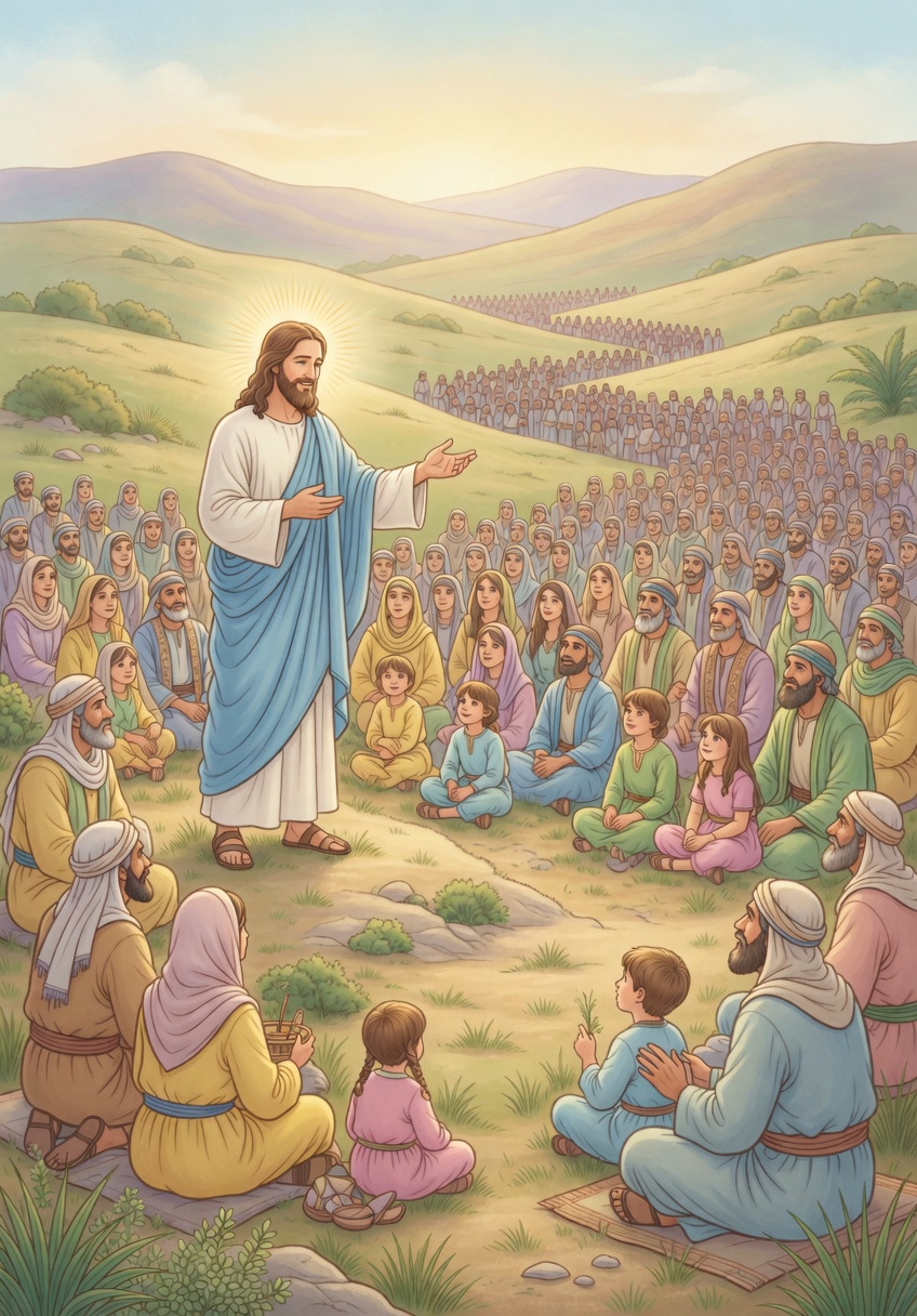 Jesus feeds five thousand — Bible coloring picture
