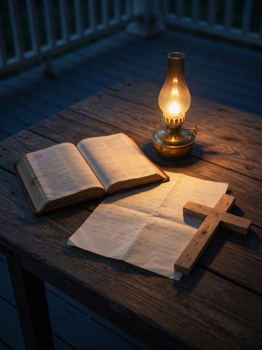Open Bible, oil lamp, and wooden cross on a night porch table