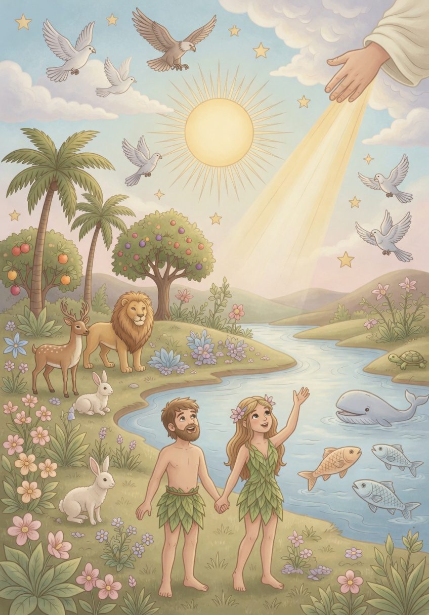 Garden of Eden scene from the 83 Bible Stories coloring book — Adam and Eve by the river under the sun