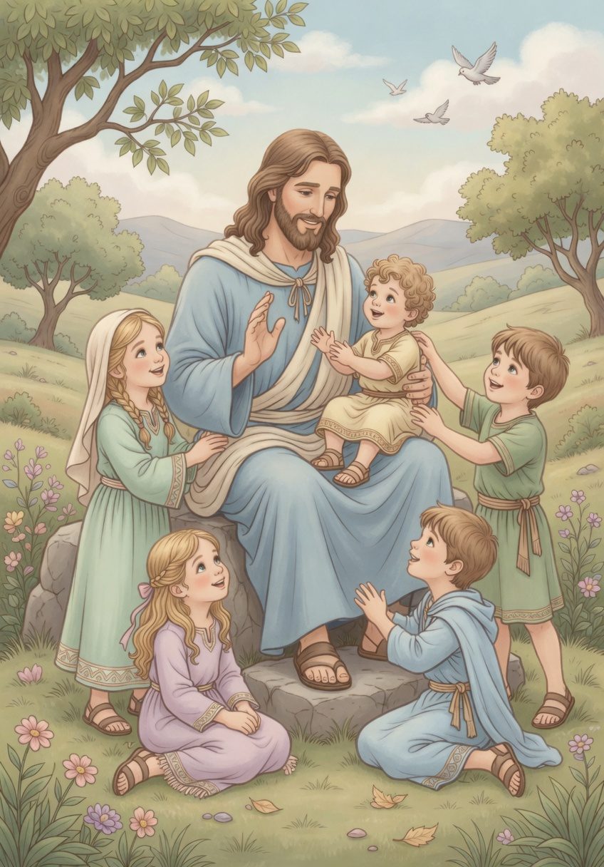 Jesus seated with little children in a meadow