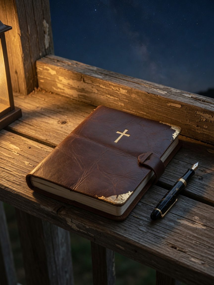 Leather Porch Journal with a gold cross on a wooden railing at night